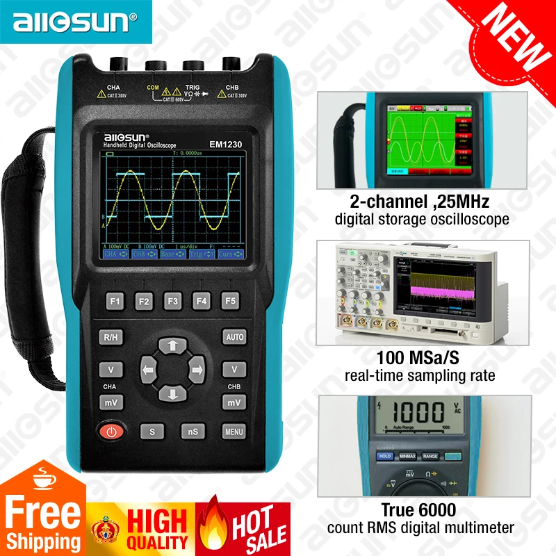 ALLOSUN 2 in1 Handheld Oscilloscope 2 Channels with Color Screen Scope Digital Multimeter DMM Meter EM1230 all-sun