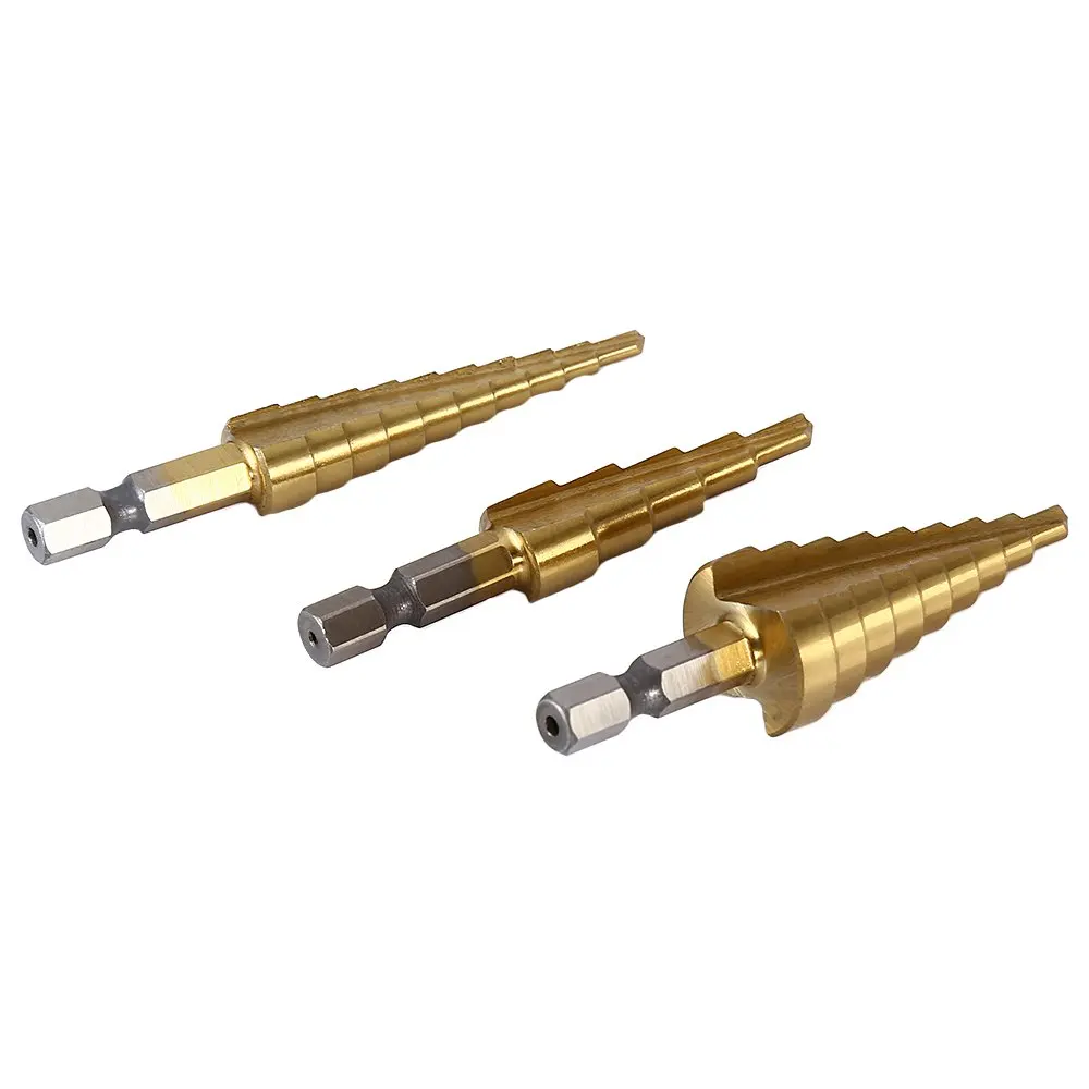 3 bocados de broca titanium de aço da etapa de hss dos pces 3-12mm 4-12mm 4-20mm ferramentas de corte do cone da etapa do woodworking de aço conjunto de perfuração do metal da madeira