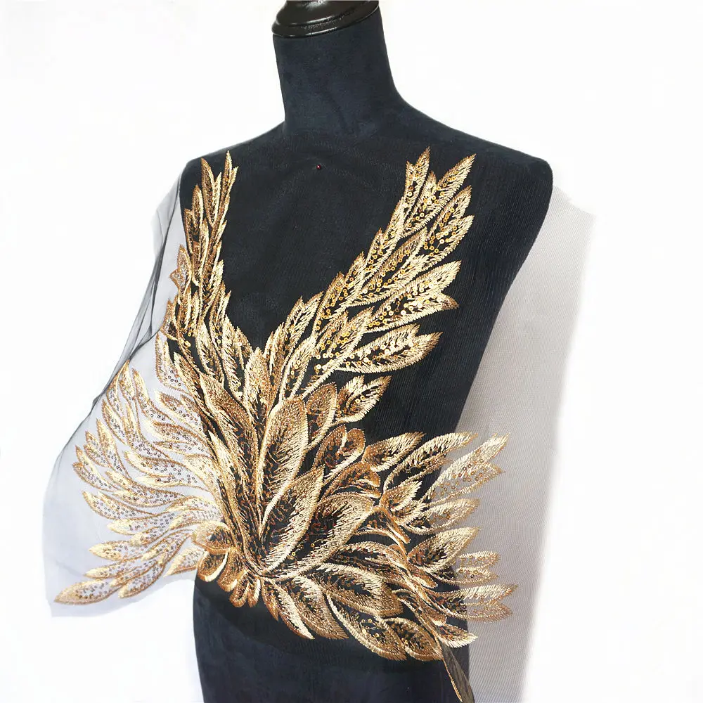 57CM Gold Sequins Feather Leaves Black Mesh Lace Trims Sew On Patches Embroidery For Wedding Appliques Decoration DIY