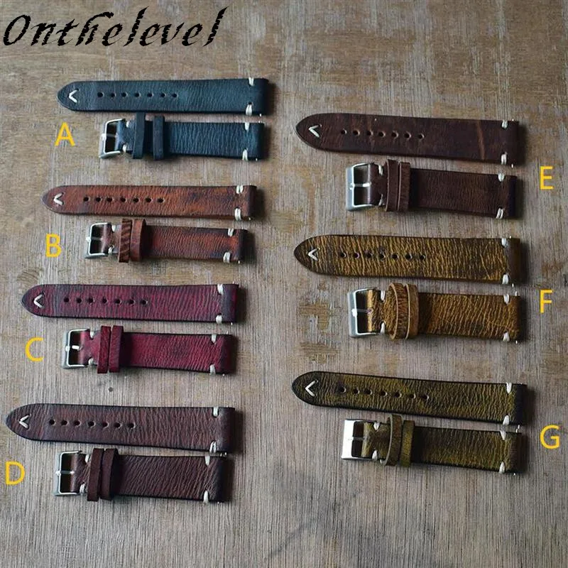 Vintage Genuine Leather Watchband 18mm 20mm 22mm 24mm Handmade Stitching Men Women Wrist Wristband Calfskin Strap Metal Buckle