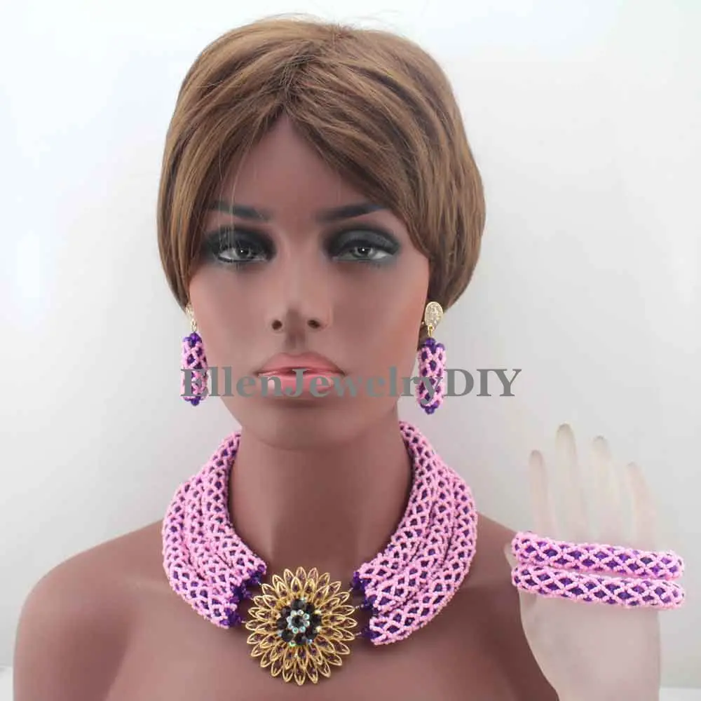 Juego de joyas de 3 capas para disfraz africano, juego de collar indio nigeriano con cuentas de cristal púrpura/Rosa bebé, W13393