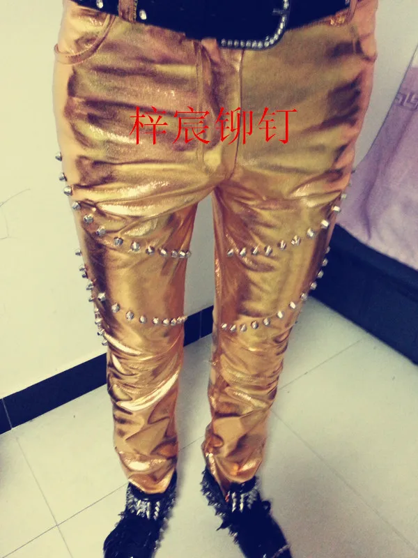 Free Shipping Men Plus Size Trousers Men's Fashion Tide New Rivet Gold Leather Pants Stage Male Singer Costumes Clothing