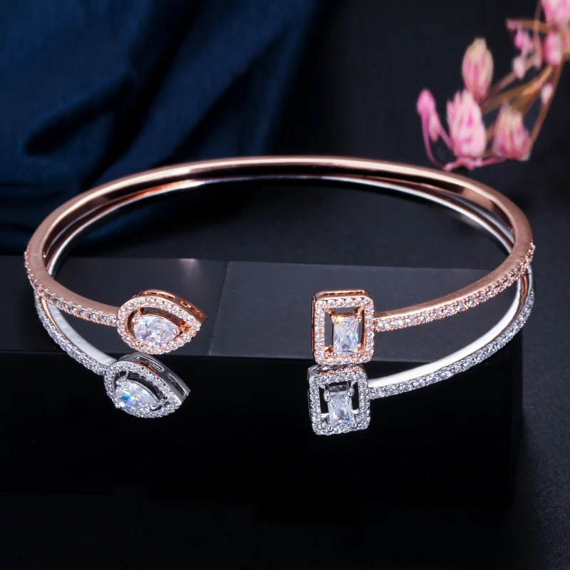 CWWZircons Trendy Exquisite Rose Gold and Silver Color Cubic Zircon Crystal Round Cuff Bangles for Women Dress Jewelry BG031