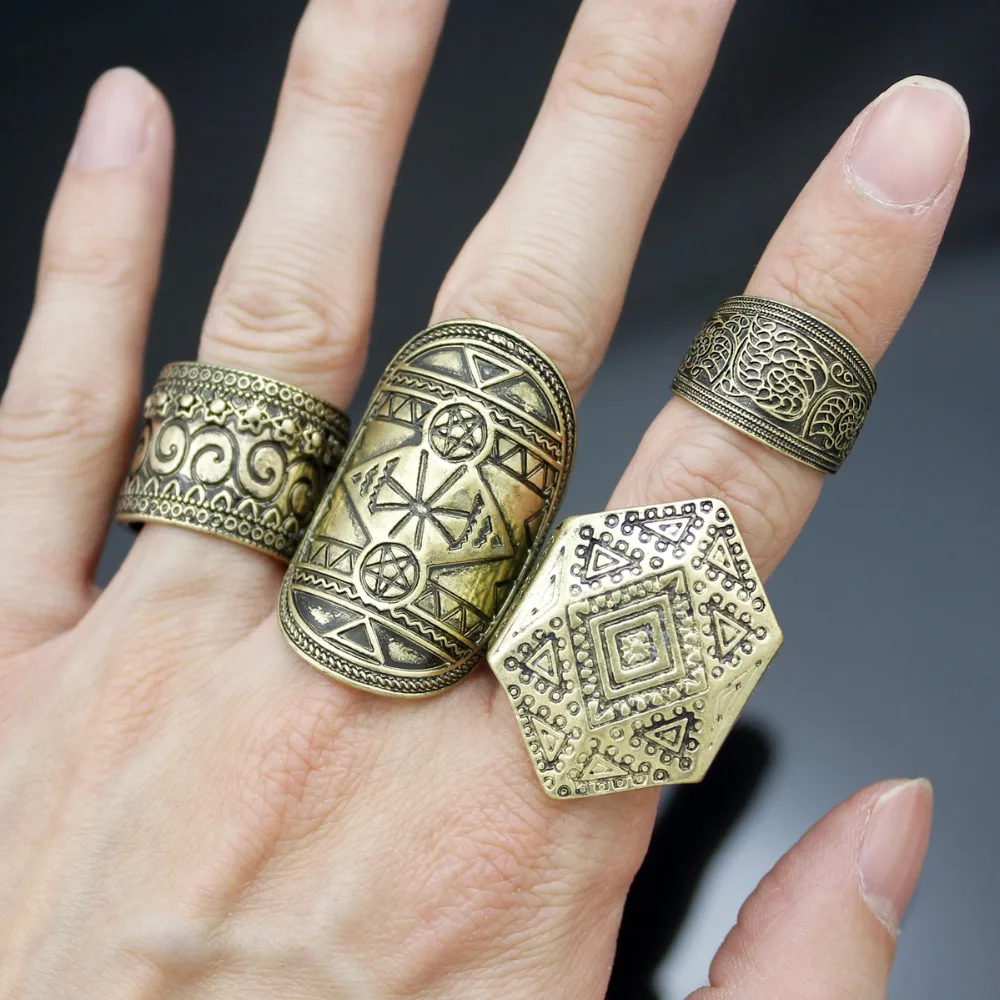 RechicGu Pack 4 Men Vintage Gold Tribal Pentacle Triangle Wicca Pagan Etched Band Chunky Rings Party Anillos Bague Punk Dropship