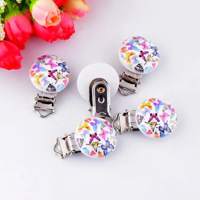 5PCs Baby Pacifier Clips Mixed Butterfly Pattern White Wood Metal Holders Cute Infant Soother Clasps Accessories 4.4x2.9cm