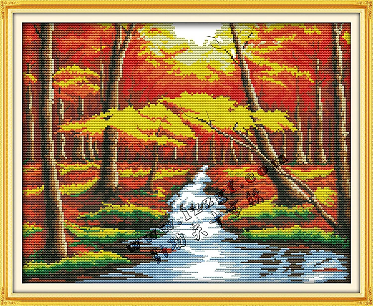 

57*46 Needlework,DIY DMC Cross stitch,Set For Embroidery kit, Gold Wood River Autumn Scenery Patterns Cross-Stitch,Wall Painting