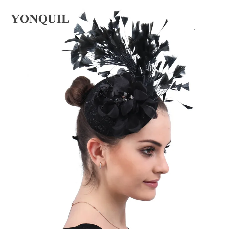 

Black Classic Flower Fascinator Women Ladies Elegant Hat Feathers Accessory With Hair Clips Banquet Derby Chapeau Party Headwear