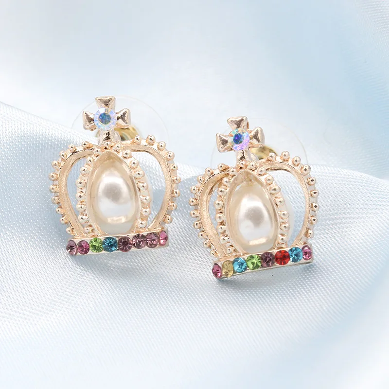 Wholesale Gold Colorful Rhinestone Cross Crown Pearl Imitation crystal Retro Stud Earrings For Women Gift