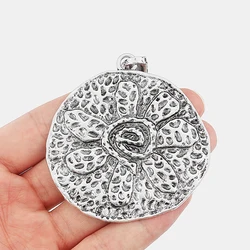 2Pcs Tibetan Silver Hammered Large Round Carved Flower Charms Pendant For DIY Necklace Jewelry Making Supplies 62x65mm