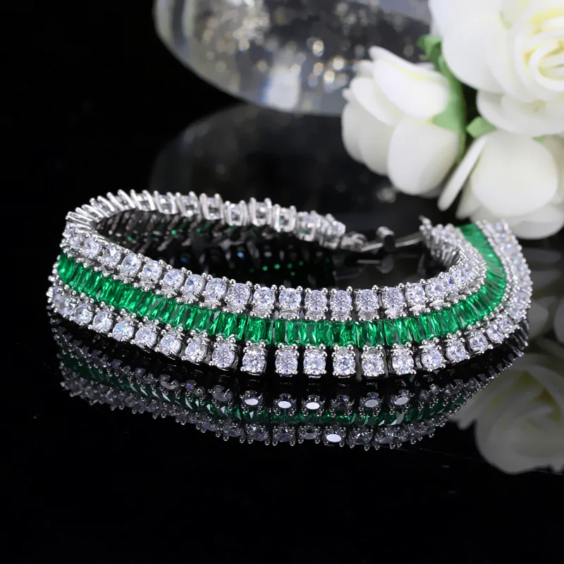 CWWZircons High Quality Silver Color Round And Square CZ Green Crystal Big Bangles Bracelet For Women Holiday Gift Jewelry CB143