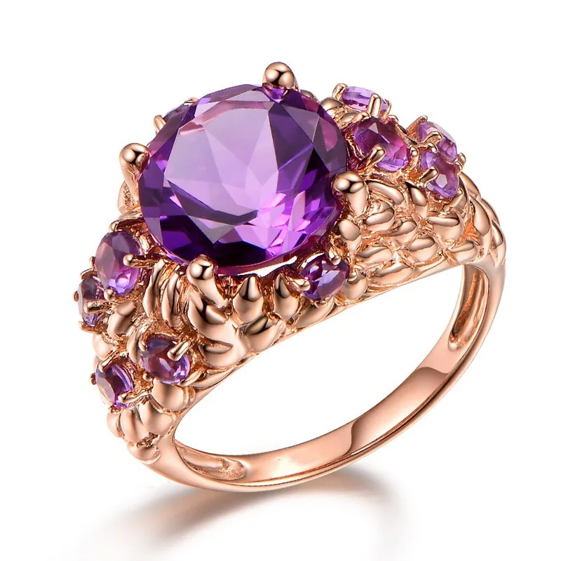 OMHXZJ Wholesale European Fashion Woman Man Party Wedding Gift Luxury Purple Amethyst 18KT Rose Gold Ring RR557