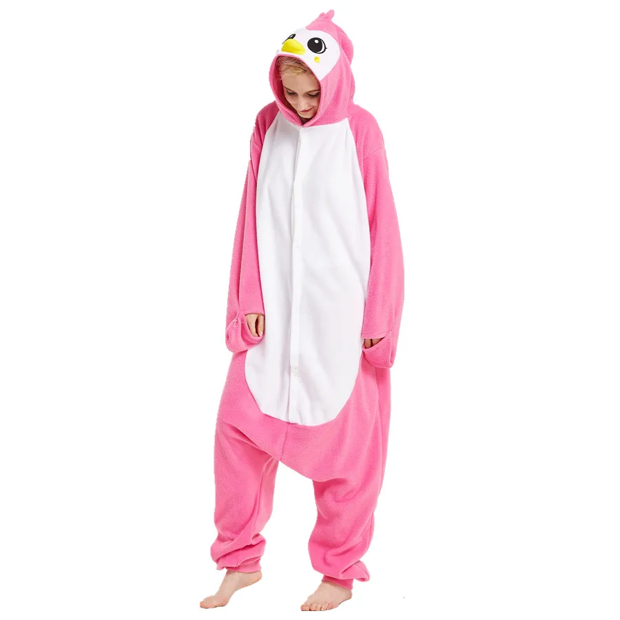 Adults Polar Fleece Onesie Pink Penguin Animal Kigurumi One Piece Pyjamas Cosplay Costumes for Halloween Carnival Party