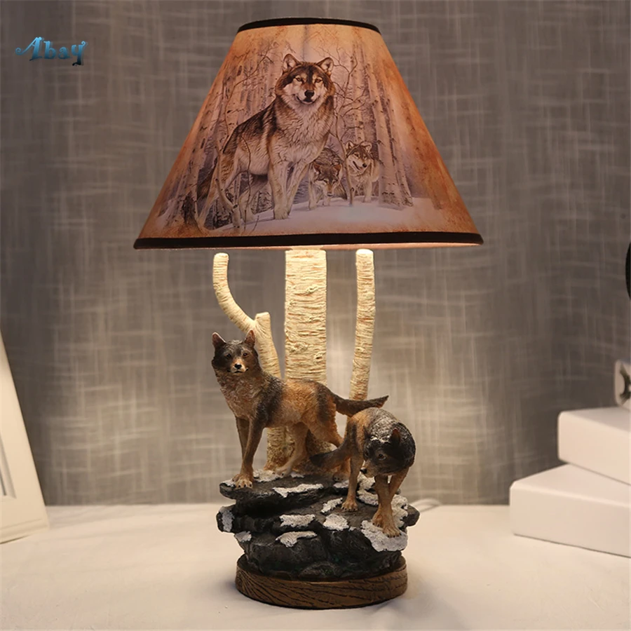 Art Deco Resin Realistic Wolf Shape Table Lamps for Living Room Bedroom Home Decor Animal Lamp Bedside Reading Light Study Led