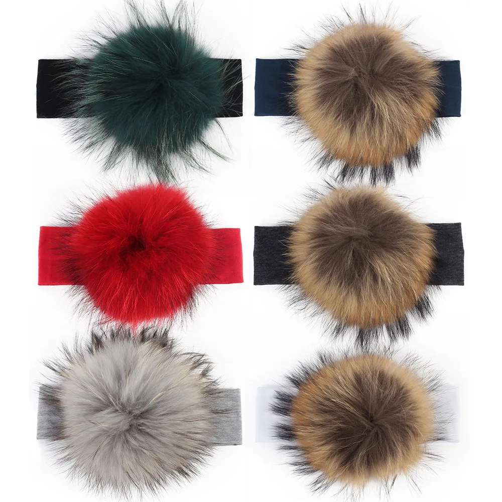 15cm Raccoon Faux Fur Pompoms Baby Headband Cotton Children Girls Elastic Hair Bands Turban For Girl Toddler Headbands