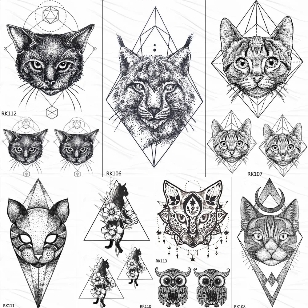 OMMGO Geometric Cat Line Temporary Tattoos Sticker Diamond Black Small Custom Tattoo DIY Body Art Wrist Fake Tatoos Women Men