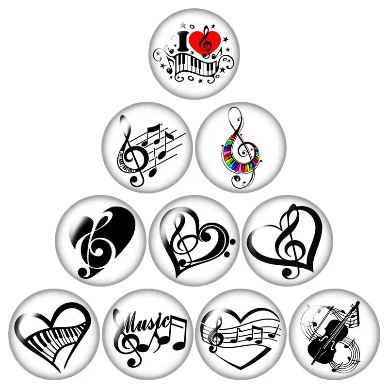 Music Musical notes instruments 10pcs mixed 12mm/16mm/18mm/25mm Round photo glass cabochon demo flat back Making findings