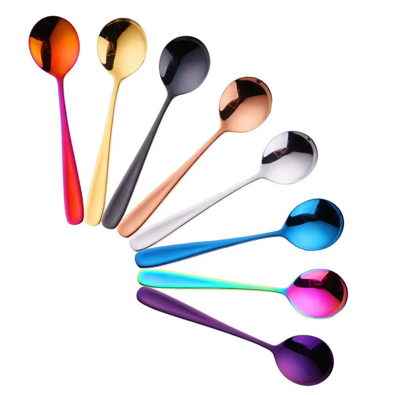 1Pc Soup Spoon Stainless Steel Dessert Spoon Colorful Round Scoop for Ice Cream Dessert Rice Salad Dinnerware