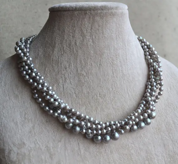 Perfect Pearl Necklace ,Charming Gray Color 100% Real Freshwater Pearl Necklace, Potato Pearl Jewelry,17inches 4-8mm