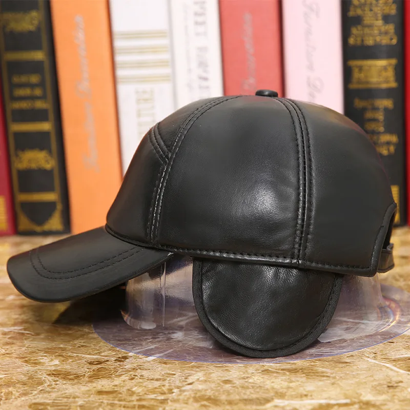 Adult 100% Genuine Leather Hat Men\'s Women\'s Autumn and Winter Sheepskin Baseball Cap Outdoor Leisure Earprotection Hat B-8651