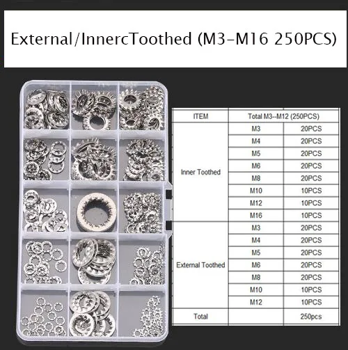 

250Pcs/set M3 M4 - M16 304 Stainless Steel Washers External Toothed Gasket Serrated Lock Washer Kit HW051