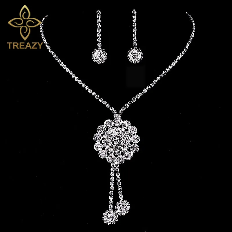 TREAZY Diamante Crystal Rhinestone Bridal Jewelry Sets Silver Color Flower Drop Necklace Earrings Wedding Party Accessories