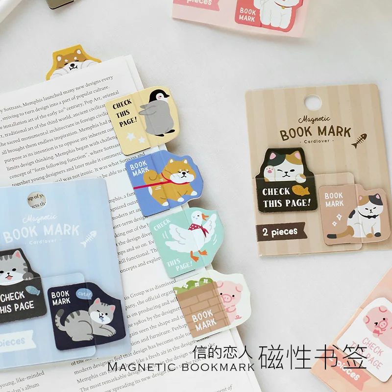 2Pcs/Set Kawaii Shiba Cat Animals Magnetic Bookmark Book Holder Gift School Supplies Fridge Sticker