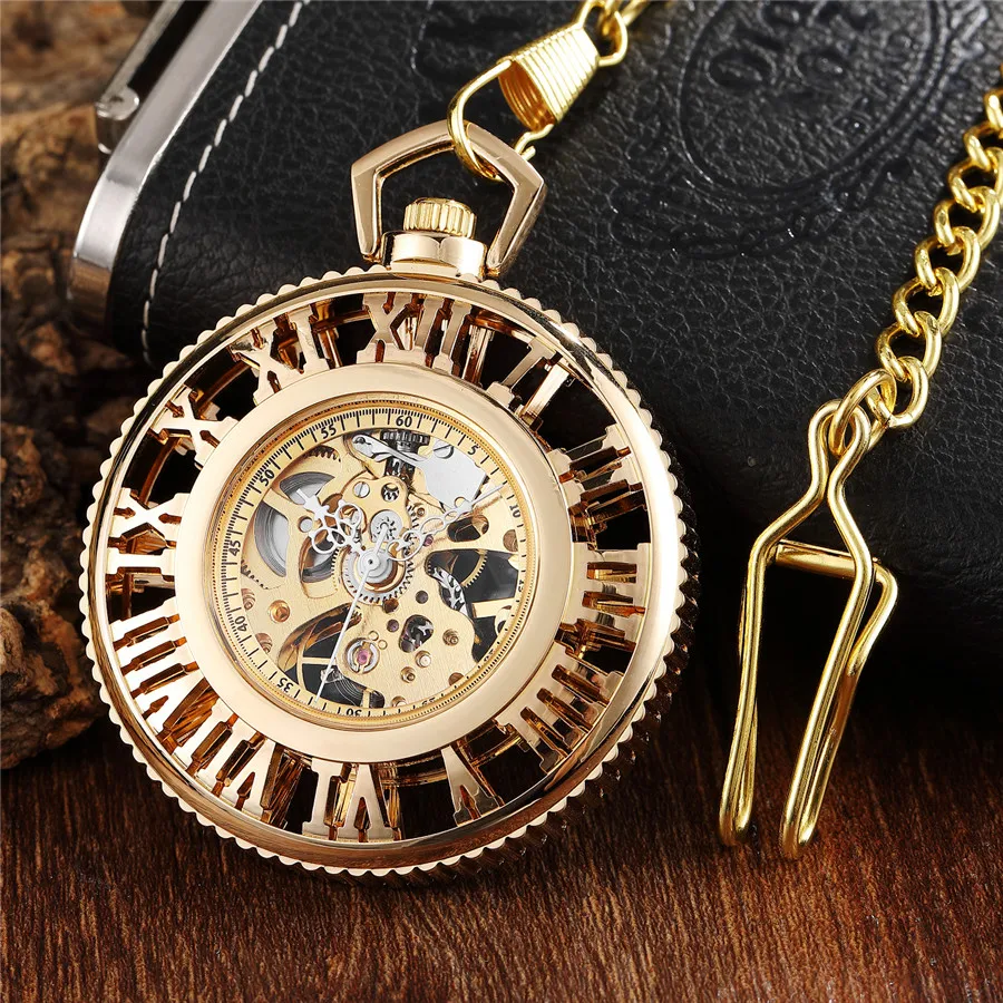 Luxury Mechanical Pocket Watch Hollow Golden Hand-wind Roman Numerals Fob Chain Clock Vintage men Women Pocket Watch Top