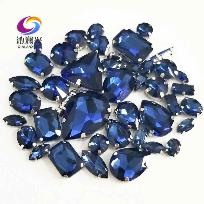 Crystals Glass Rhinestones for DIY Clothing Accessories, Mixed Shape Sewing Stones, Ink Blue, Mix Size, Factory Sales, 68Pcs