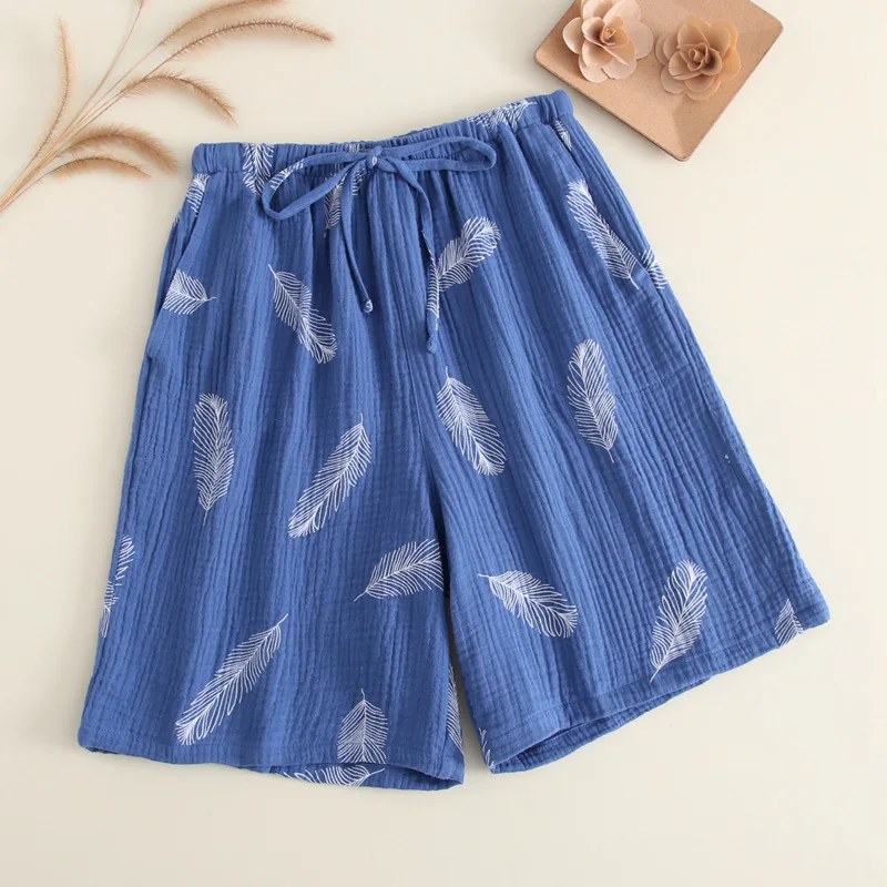 New Summer Couple 100% Cotton Gauze Crepe Shorts Feather Printing Lounge Sleep Shorts Men and Women Bottoms Lounge Pants