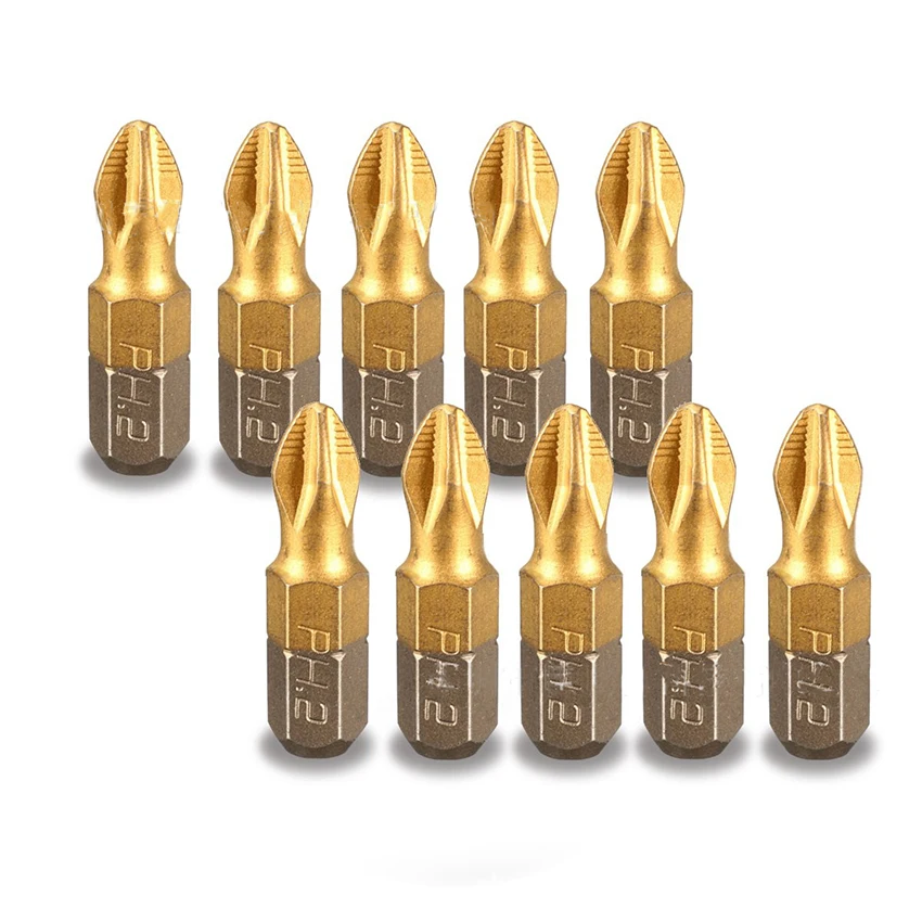 Jeu de 10 embouts antidérapants PH2 revêtus de titane, tournevis électrique à tige hexagonale de 1/4 "avec pointe magnétique, 25mm/50mm