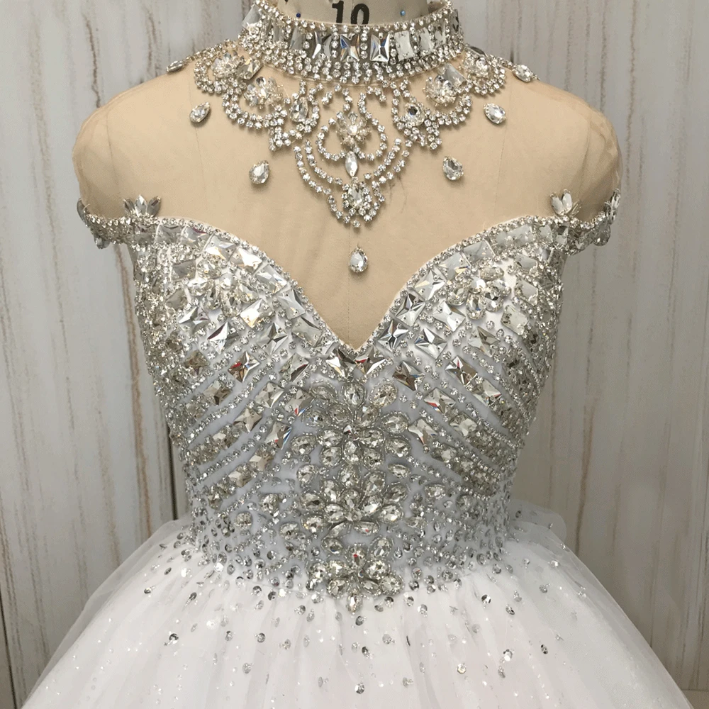 SuperKimJo High Neck Crystal Wedding Dresses 2020 Vestido De Noiva Luxury Sparkly Chapel Train Wedding Ball Gown