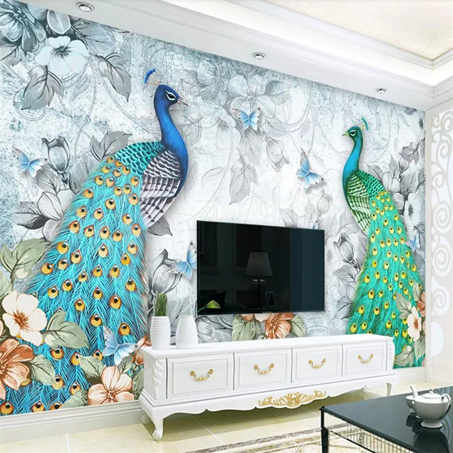 Beibehang Customized large wallpaper 3d murals modern fresh stereo auspicious peacock flower butterfly TV background wall paper