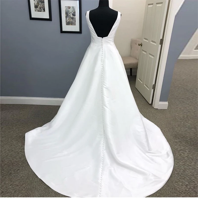 Simple A-line Wedding Dresses White Ivory Satin Boho Bridal Gowns Zipper Back Chapel Train Custom Made Real Image Wedding Gowns