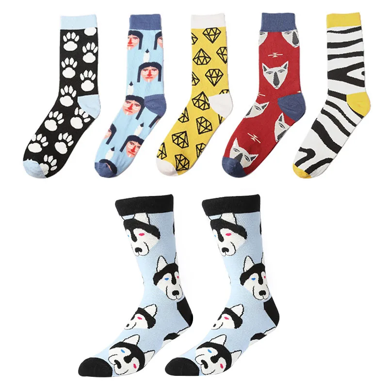 

6 Pairs Men Sock Fashion Brand Husky/Zebra Awesome Skateboard Crew Sock Fixed Gear Maple Leaves Fashion Hip Hop Fashion Men Sock