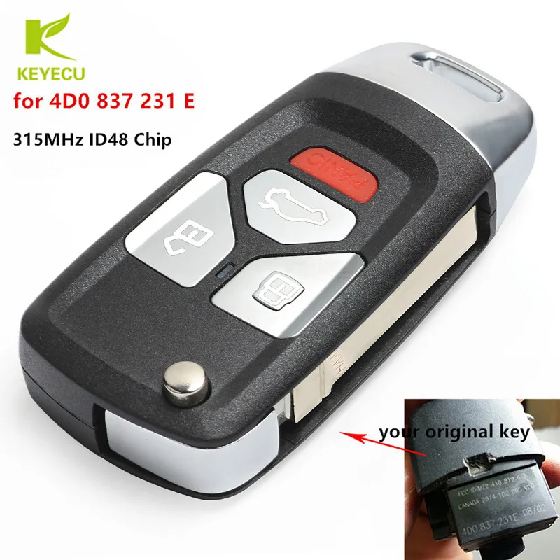 

KEYECU Replacement Upgraded Remote Key FOB 315MHz ID48 Chip for AUDI A4 S4 A6 A8 TT Allroad Cabriolet 4D0 837 231 E