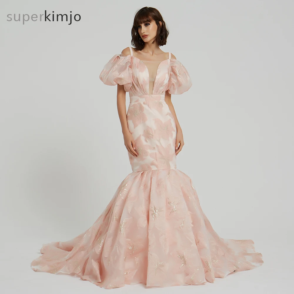 Kimjobridal Prom Dresses Pink Short Sleeve Sweetheart Neckline Lace Mermaid Court Train Evening Dresses Gowns Real Picture