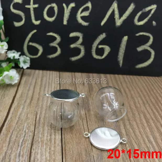 

Free ship 100sets/lot silver color 20*15mm glass globe & 16mm base with 2 ring glass globes set glass vial pendant glass cover