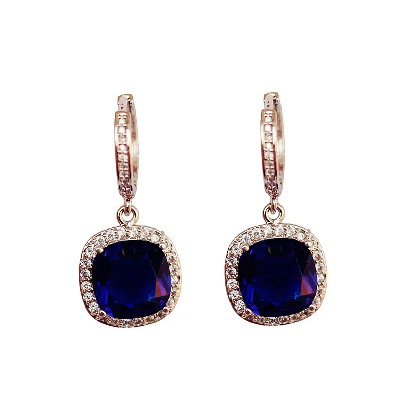 Sparkling Fashion Square Big Green Royal Blue Red Pink Yellow stone Drop Earrings Princess-cut Cubic Zirconia Women Jewelry