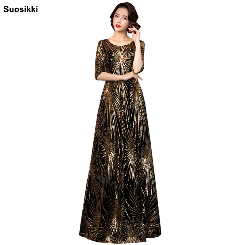 Suosikki-vestidos de noche con cuentas y lentejuelas, negro, dorado, largo, Formal, para fiesta de graduación, nuevo estilo, 2019