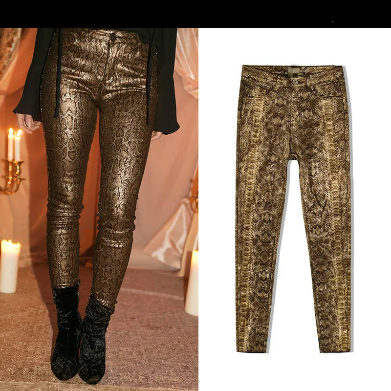 Women Snake Print Pencil Pant Ladies High Waist Skinny PU Pants Fashion Stretch Autumn Winter Trousers Female Ankle Length Pants