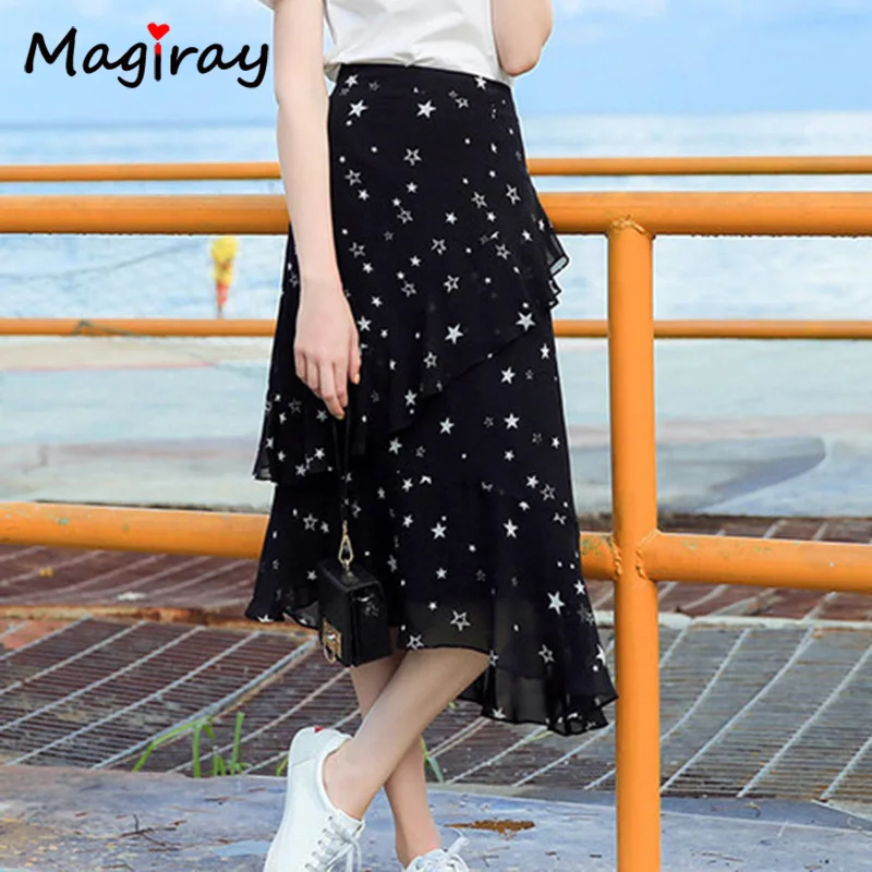 Magiray Stars Print Chiffon Long Skirts Womens Elastic High Waist Ruffle Midi Skirt Summer 2018 A Line Floral Black C478