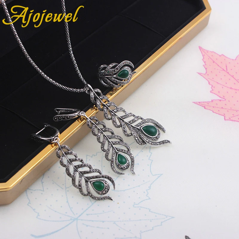 Ajojewel Vintage Black Rhinestone Feather Jewelry Set For Women Silver-color Earrings Necklace Ring Size 7-9