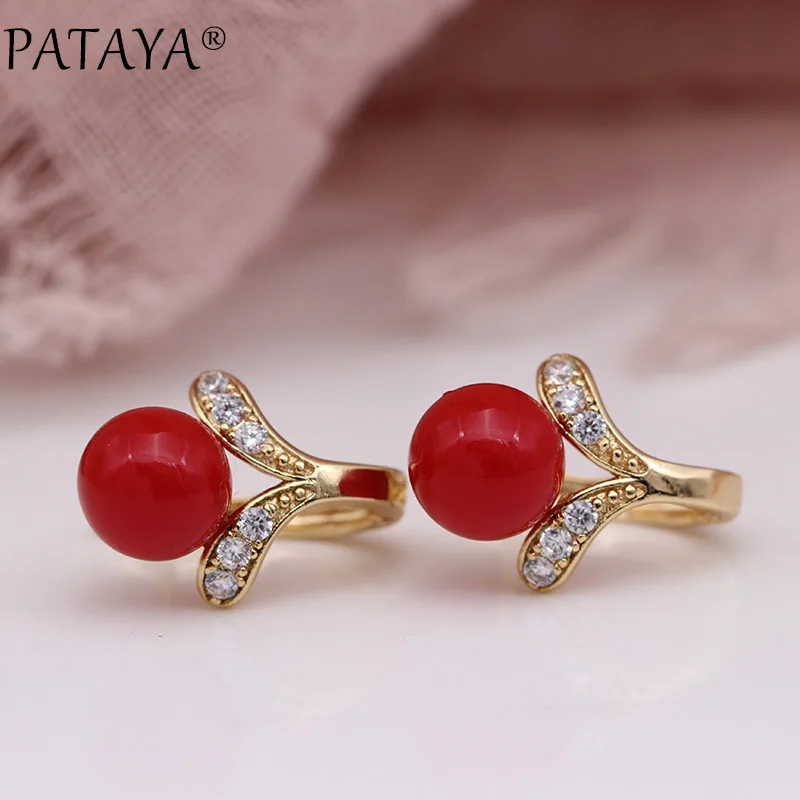 PATAYA New 585 Rose Gold Color Earring Women Fashion Round Shell Pearls Jewelry Coral Red Natural Zircon Dangle Earrings