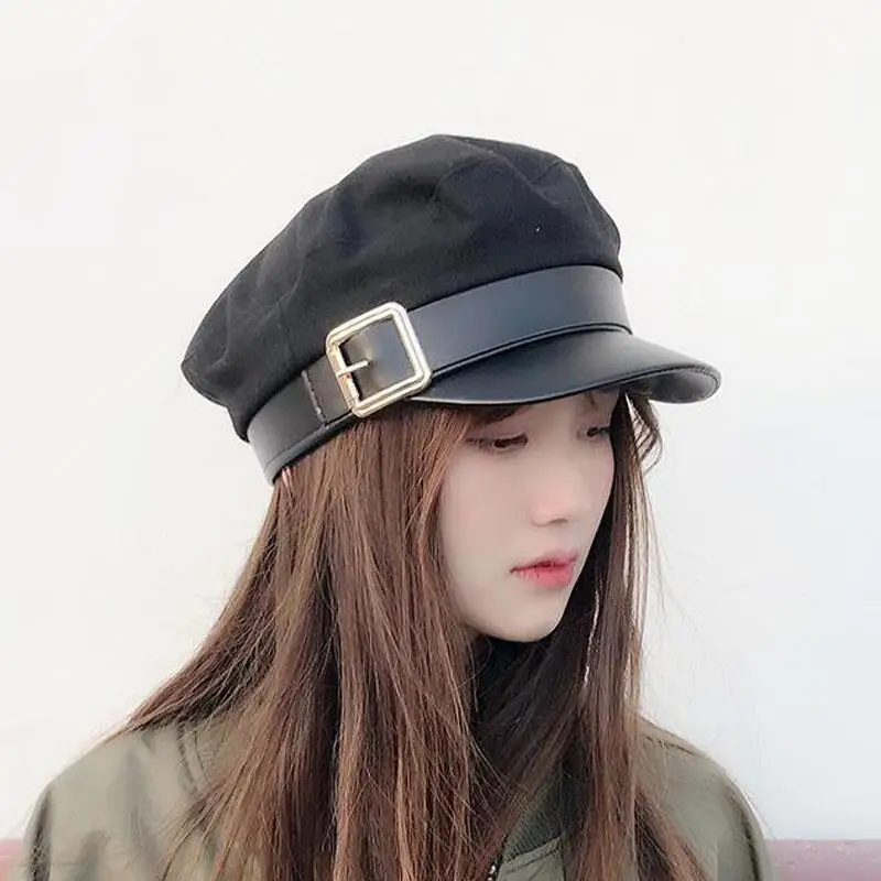 Women Black Military Hats Autumn Winter Fashion Wool Pu Leather Patchwork Newsboy Caps With Belt Female Gorras