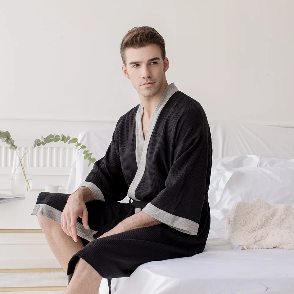 Men's  Cotton Waffle Hotel Bathrobe Spa Robe Water Absorbing Nightgown Japanese-style Kimono Shawl Collar  robe Night Gown