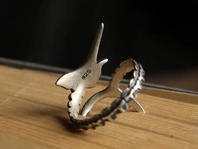 ゴシックパンクロックソリッド 925 スターリングシルバーリングオープン魚調節可能なリング男性の女性のヴィンテージジュエリー