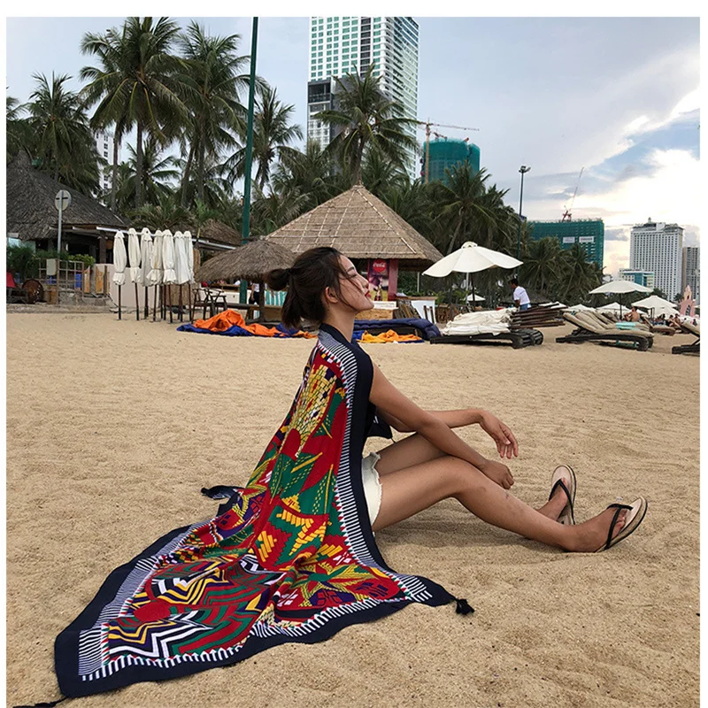 Summer scarf female fashion wild cotton and linen European and American national wind tourism holiday seaside shawl beach towel