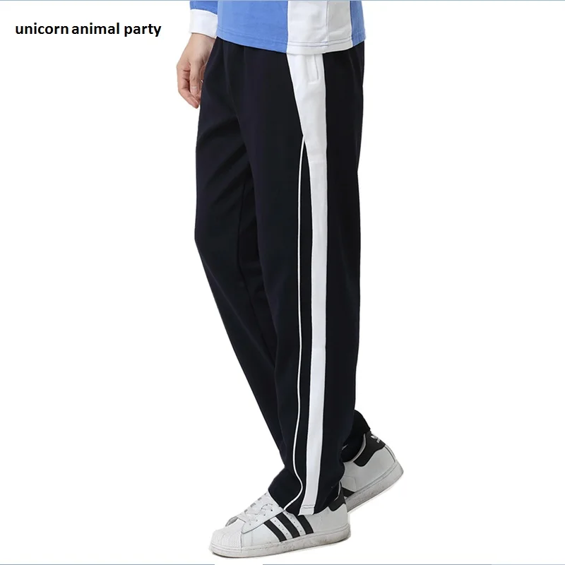 

Autumn High unisex quality clothing Chinese style students wear cotton slim long-sleeved blue white patchwork zipper trousers