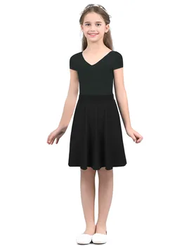 FEESHOW Girls A-Line Skater Skirt 2 FEESHOW Kids Girls Skirts Big Girls Solid Color Lightweight Stretchy Knee Length Full A-Line Skater Skirt Casual Party Clothes 2