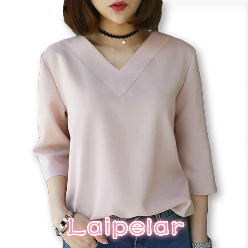 Musim Panas Tops V-Leher Blus Sifon Kemeja Wanita Kantor Wanita Top Kemeja Kerja Pakaian Korea Plus Ukuran S-XL Putih Biru